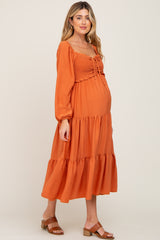 Orange Smocked Tiered Maternity Midi Dress