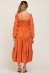 Orange Smocked Tiered Maternity Midi Dress