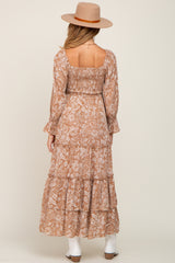 Taupe Floral Cutout Smocked Tiered Maternity Maxi Dress