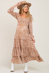 Taupe Floral Cutout Smocked Tiered Maternity Maxi Dress