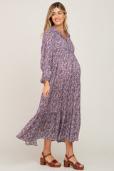 Purple Floral Tiered Long Sleeve Maternity Dress