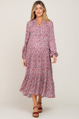 Magenta Floral Tiered Long Sleeve Maternity Dress