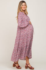 Magenta Floral Tiered Long Sleeve Maternity Dress