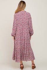 Magenta Floral Tiered Long Sleeve Maternity Dress