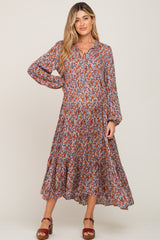 Rust Floral Tiered Long Sleeve Maternity Dress