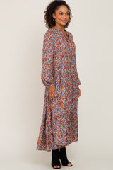 Rust Floral Tiered Long Sleeve Dress