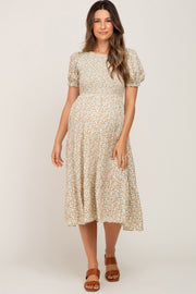 Cream Floral Smocked Maternity Midi Dress