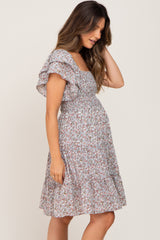 Light Blue Floral Smocked Tiered Maternity Dress