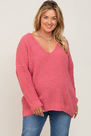 Salmon Chenille Knit V-Neck Maternity Plus Sweater