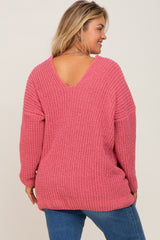 Salmon Chenille Knit V-Neck Maternity Plus Sweater