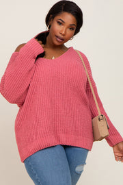 Salmon Chenille Knit V-Neck Plus Sweater