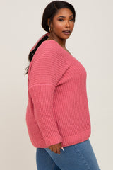 Salmon Chenille Knit V-Neck Plus Sweater