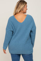 Blue Chenille Knit V-Neck Maternity Plus Sweater