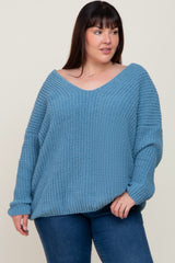 Blue Chenille Knit V-Neck Maternity Plus Sweater