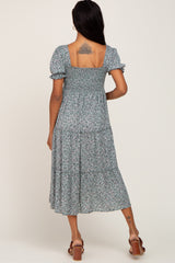 Teal Ditsy Floral Smocked Tiered Midi Dress