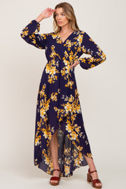 Navy Blue Floral Wrap Hi-Lo Dress