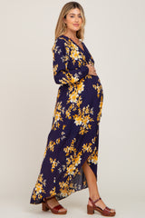 Navy Blue Floral Maternity Wrap Hi-Lo Dress