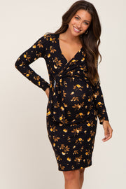 Black Floral Ribbed Long Sleeve Maternity Dress