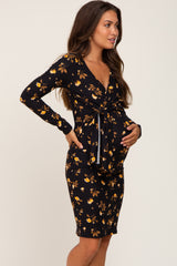 Black Floral Ribbed Long Sleeve Maternity Dress