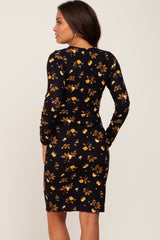 Black Floral Ribbed Long Sleeve Maternity Dress