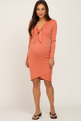 Rust Ribbed Cutout Front Tulip Hem Maternity Dress