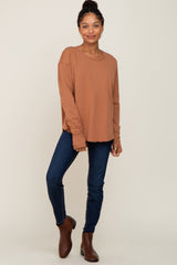 Mocha Raw Hem Basic Long Sleeve Top