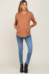 Mocha Raw Hem Basic Long Sleeve Maternity Top