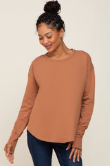 Mocha Raw Hem Basic Long Sleeve Maternity Top