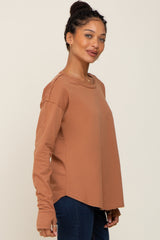 Mocha Raw Hem Basic Long Sleeve Top