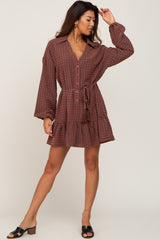 Brown Grid Print Collared Tassel Tie Dress