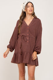 Brown Grid Print Collared Tassel Tie Maternity Dress