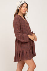 Brown Grid Print Collared Tassel Tie Maternity Dress