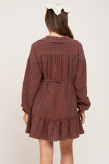 Brown Grid Print Collared Tassel Tie Maternity Dress