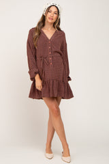 Brown Grid Print Collared Tassel Tie Maternity Dress