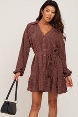 Brown Grid Print Collared Tassel Tie Dress