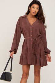 Brown Grid Print Collared Tassel Tie Dress