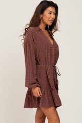 Brown Grid Print Collared Tassel Tie Dress