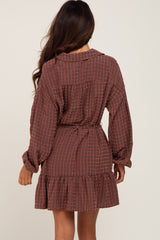 Brown Grid Print Collared Tassel Tie Dress