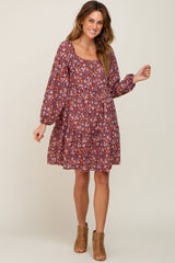 Burgundy Floral Long Sleeve Dress