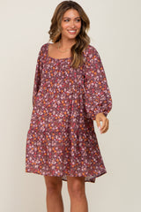 Burgundy Floral Long Sleeve Maternity Dress