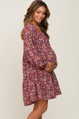 Burgundy Floral Long Sleeve Maternity Dress