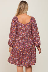 Burgundy Floral Long Sleeve Plus Maternity Dress