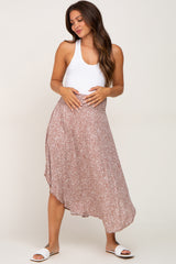 Taupe Floral Smocked Curved Hem Maternity Skirt