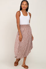 Taupe Floral Smocked Curved Hem Maternity Skirt