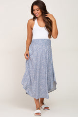 Blue Floral Smocked Curved Hem Maternity Skirt