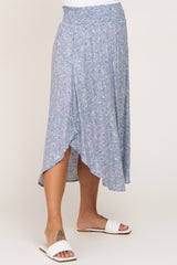 Blue Floral Smocked Curved Hem Maternity Skirt