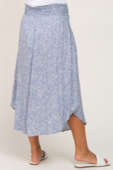 Blue Floral Smocked Curved Hem Maternity Skirt