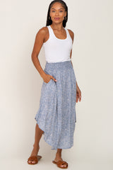 Blue Floral Smocked Curved Hem Maternity Skirt