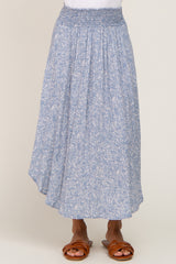 Blue Floral Smocked Curved Hem Skirt