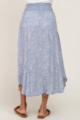 Blue Floral Smocked Curved Hem Skirt